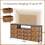 Cassettiera a 12 cassetti per TV da 65 70 75 pollici, mobile extra lungo da 63" W, bianco, per camera da letto con luci LED e prese di corrente, cassetti in tessuto per armadio