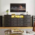 12 Drawer Dresser TV Stand for 65 70 75 Inch TV 63 W Extra Long White Dresser for Bedroom with LED Lights & Power Outlets Fabric Drawers for Closet