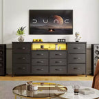 12 Drawer Dresser TV Stand for 65 70 75 Inch TV 63 W Extra Long White Dresser for Bedroom with LED Lights & Power Outlets Fabric Drawers for Closet