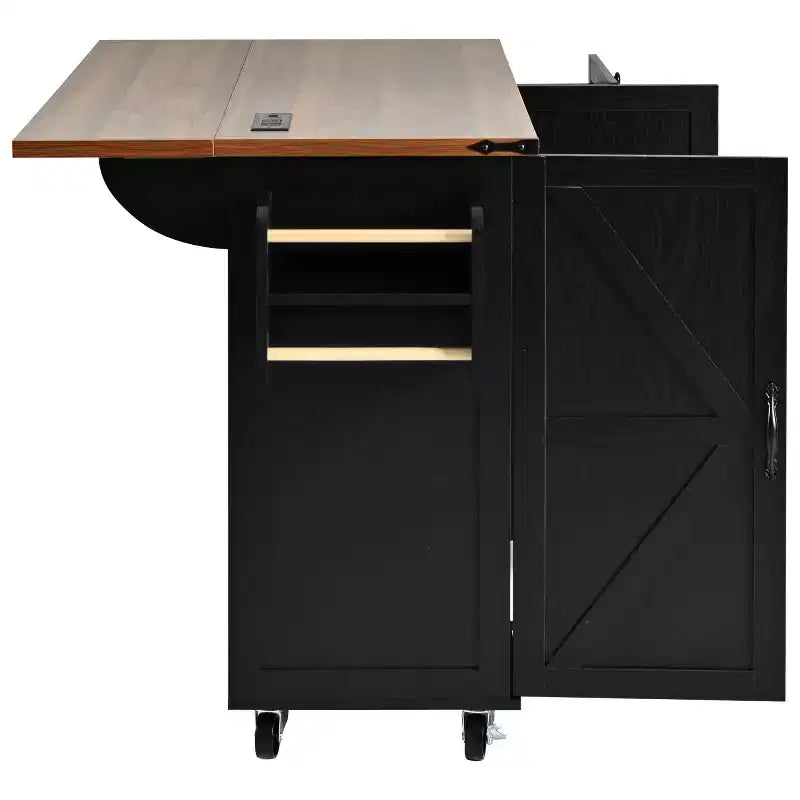 Isola da Cucina in Stile Rustico con Presa Elettrica, Isola da Cucina Contenitore con Anta a Ribalta, Carrello da Cucina su Ruote con Scaffale Interno