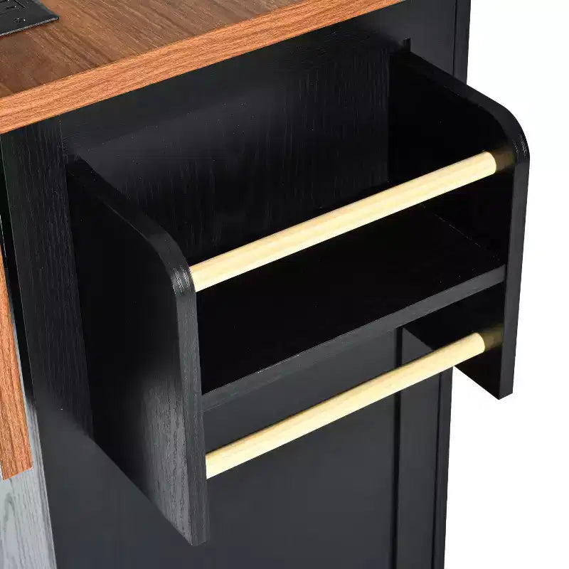 Isola da Cucina in Stile Rustico con Presa Elettrica, Isola da Cucina Contenitore con Anta a Ribalta, Carrello da Cucina su Ruote con Scaffale Interno