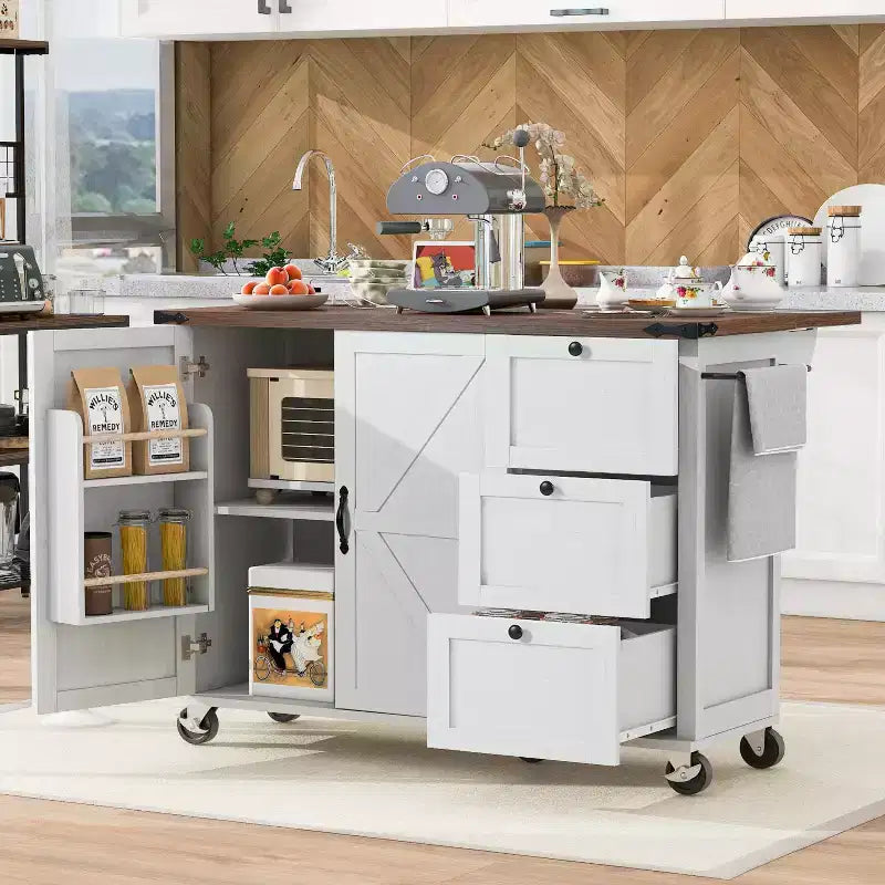 Isola da Cucina in Stile Rustico con Presa Elettrica, Isola da Cucina Contenitore con Anta a Ribalta, Carrello da Cucina su Ruote con Scaffale Interno