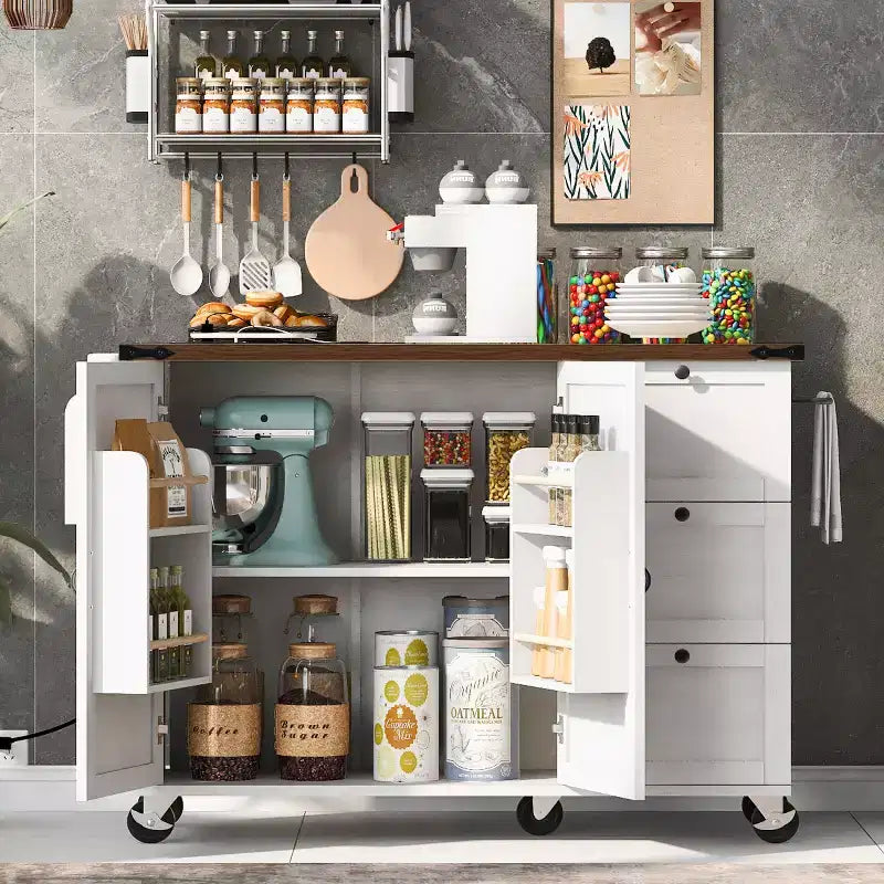 Isola da Cucina in Stile Rustico con Presa Elettrica, Isola da Cucina Contenitore con Anta a Ribalta, Carrello da Cucina su Ruote con Scaffale Interno