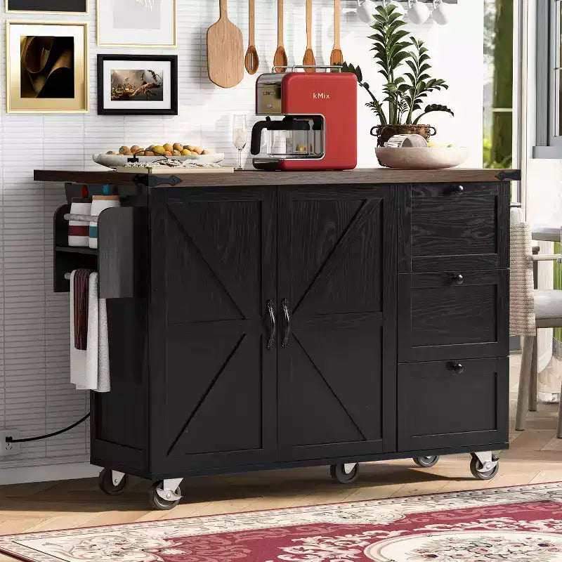 Isola da Cucina in Stile Rustico con Presa Elettrica, Isola da Cucina Contenitore con Anta a Ribalta, Carrello da Cucina su Ruote con Scaffale Interno