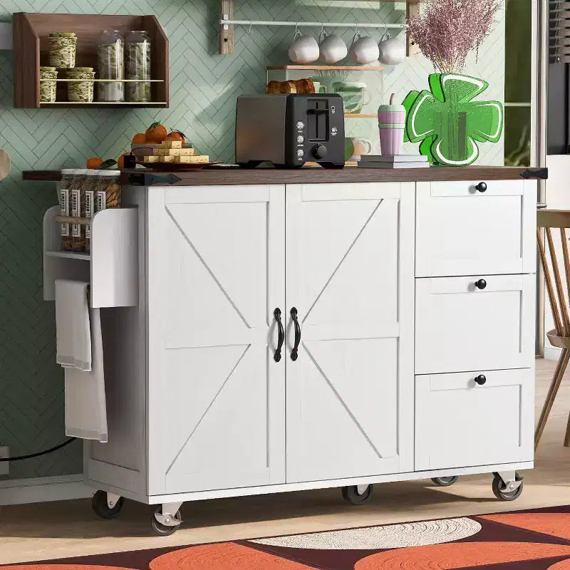 Isola da Cucina in Stile Rustico con Presa Elettrica, Isola da Cucina Contenitore con Anta a Ribalta, Carrello da Cucina su Ruote con Scaffale Interno