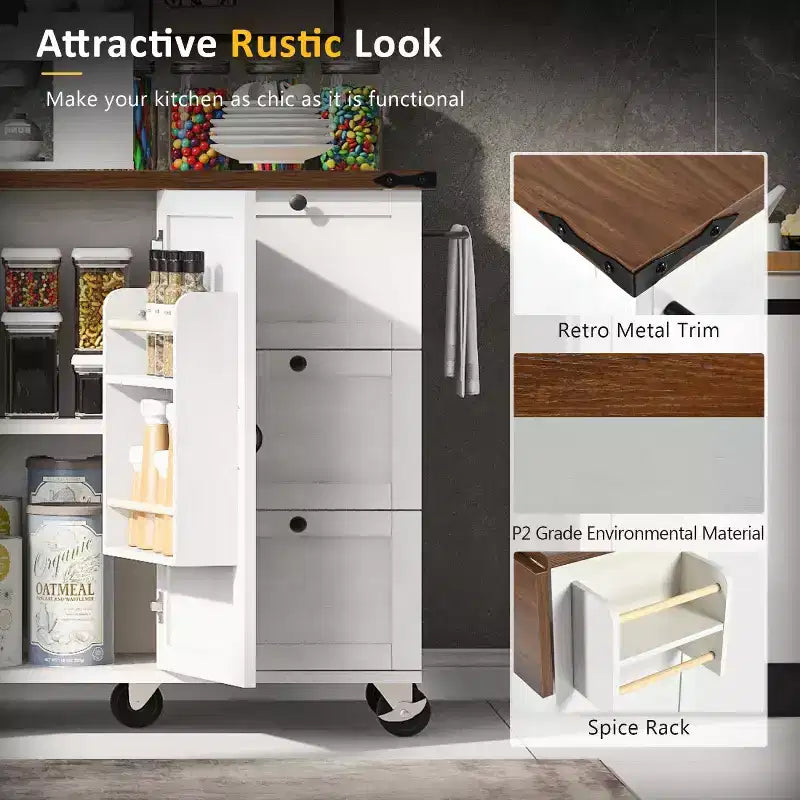 Isola da Cucina in Stile Rustico con Presa Elettrica, Isola da Cucina Contenitore con Anta a Ribalta, Carrello da Cucina su Ruote con Scaffale Interno