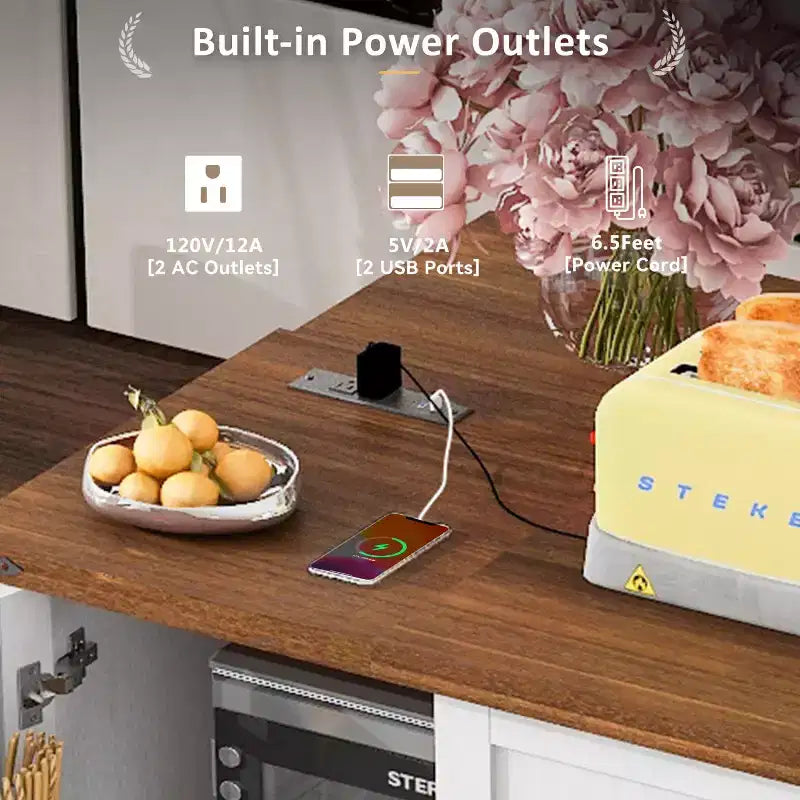 Isola da Cucina in Stile Rustico con Presa Elettrica, Isola da Cucina Contenitore con Anta a Ribalta, Carrello da Cucina su Ruote con Scaffale Interno