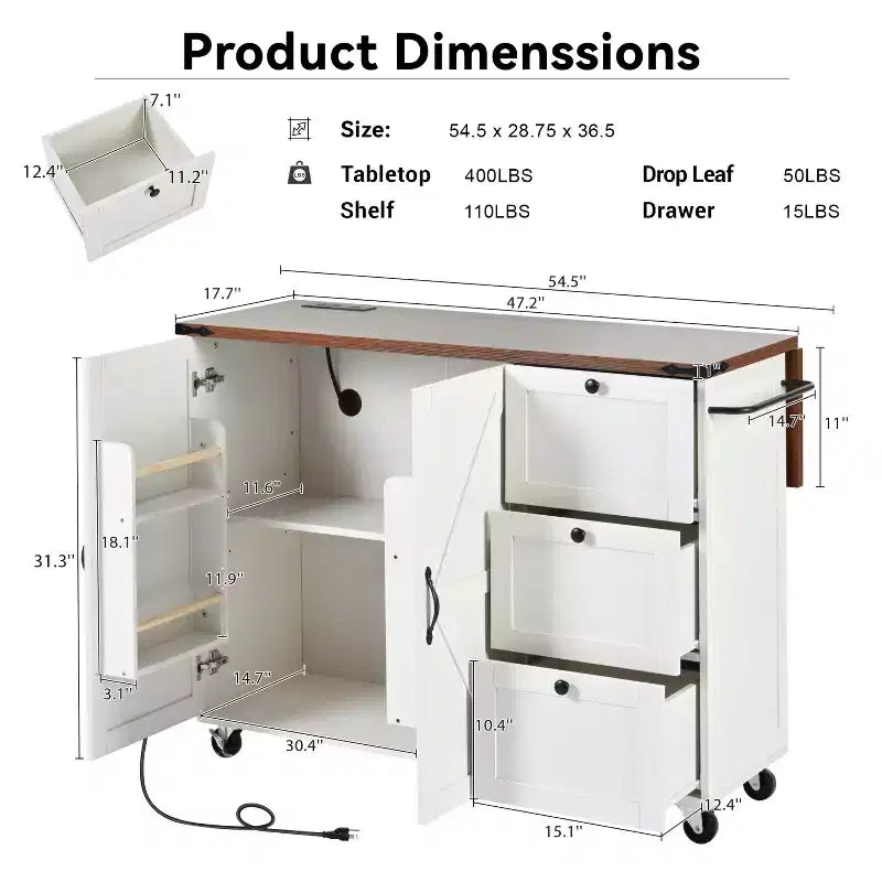 Isola da Cucina in Stile Rustico con Presa Elettrica, Isola da Cucina Contenitore con Anta a Ribalta, Carrello da Cucina su Ruote con Scaffale Interno