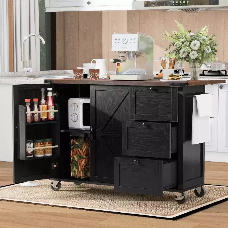 Isola da Cucina in Stile Rustico con Presa Elettrica, Isola da Cucina Contenitore con Anta a Ribalta, Carrello da Cucina su Ruote con Scaffale Interno