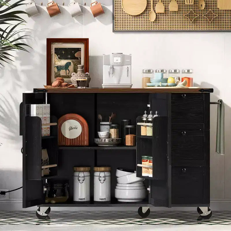 Isola da Cucina in Stile Rustico con Presa Elettrica, Isola da Cucina Contenitore con Anta a Ribalta, Carrello da Cucina su Ruote con Scaffale Interno