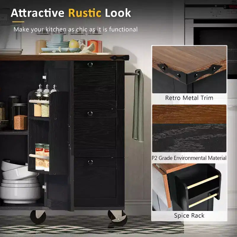 Isola da Cucina in Stile Rustico con Presa Elettrica, Isola da Cucina Contenitore con Anta a Ribalta, Carrello da Cucina su Ruote con Scaffale Interno