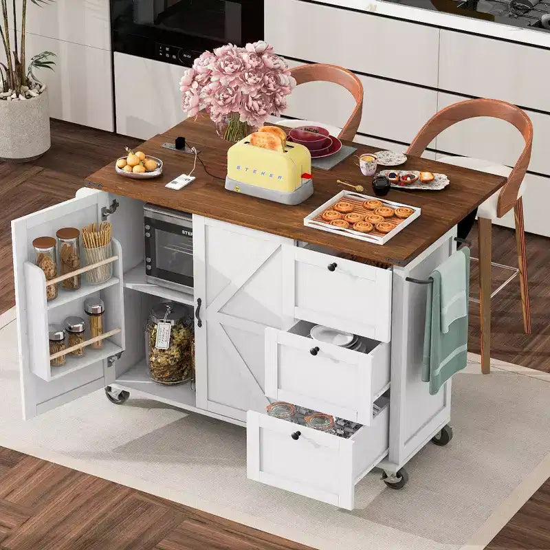 Isola da Cucina in Stile Rustico con Presa Elettrica, Isola da Cucina Contenitore con Anta a Ribalta, Carrello da Cucina su Ruote con Scaffale Interno