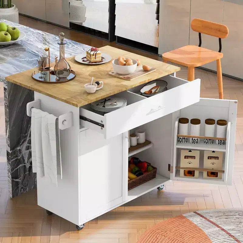 Isola da Cucina con Ruote e Ripiani, Carrello da Cucina con Ruote e Scaffale Regolabile, Carrello da Cucina con Piano in Legno e Scaffalatura