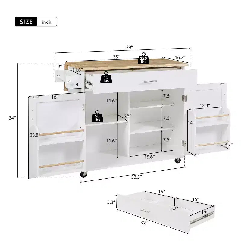 Isola da Cucina con Ruote e Ripiani, Carrello da Cucina con Ruote e Scaffale Regolabile, Carrello da Cucina con Piano in Legno e Scaffalatura
