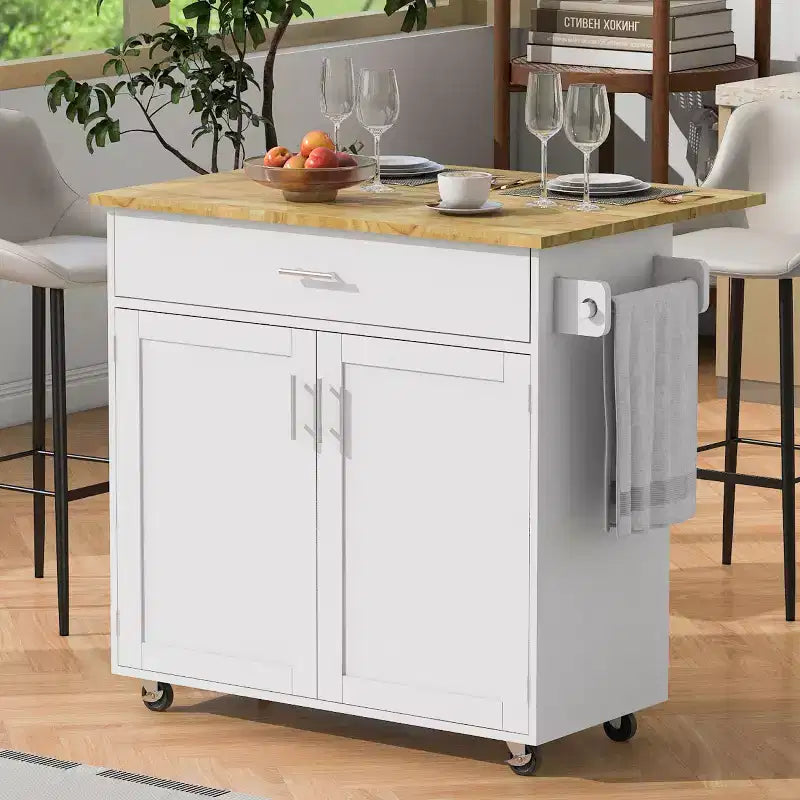 Isola da Cucina con Ruote e Ripiani, Carrello da Cucina con Ruote e Scaffale Regolabile, Carrello da Cucina con Piano in Legno e Scaffalatura