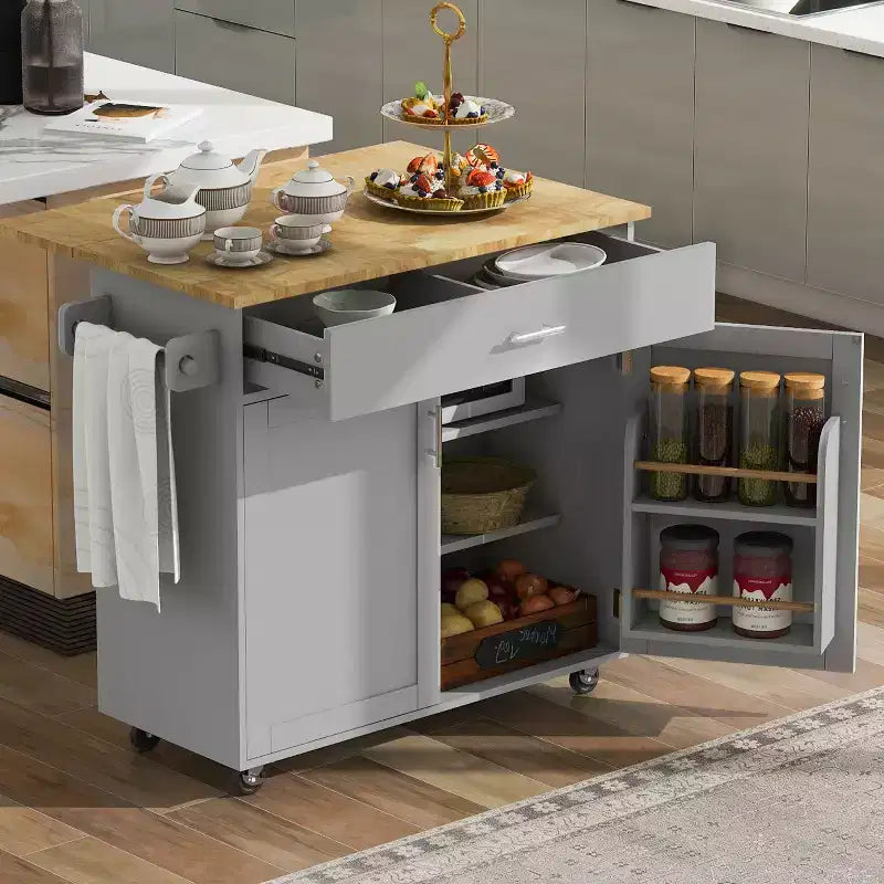 Isola da Cucina con Ruote e Ripiani, Carrello da Cucina con Ruote e Scaffale Regolabile, Carrello da Cucina con Piano in Legno e Scaffalatura