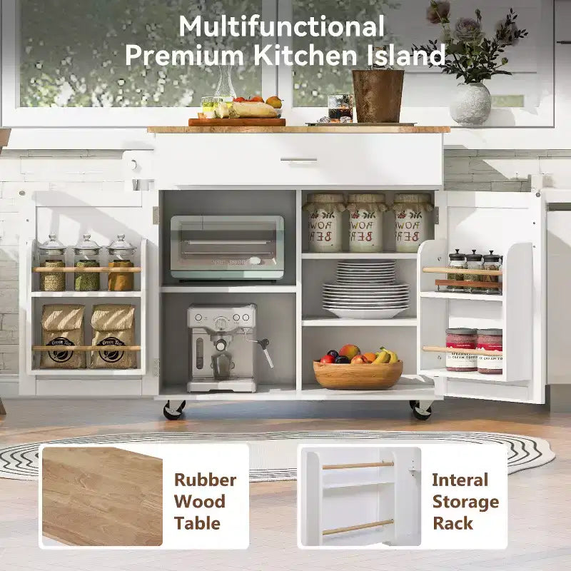 Isola da Cucina con Ruote e Ripiani, Carrello da Cucina con Ruote e Scaffale Regolabile, Carrello da Cucina con Piano in Legno e Scaffalatura