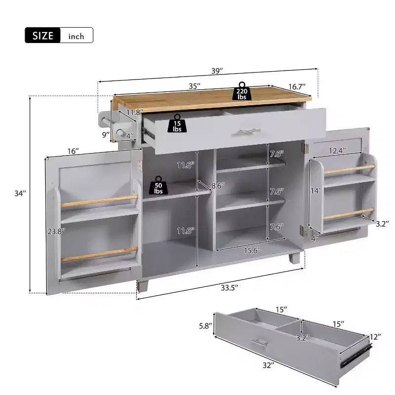 Isola da Cucina con Ruote e Ripiani, Carrello da Cucina con Ruote e Scaffale Regolabile, Carrello da Cucina con Piano in Legno e Scaffalatura