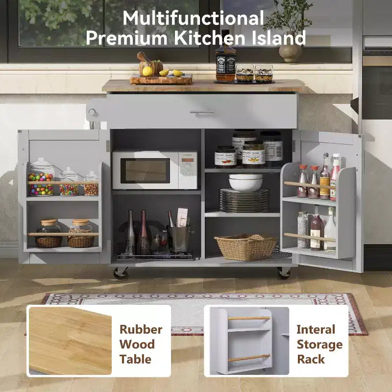 Isola da Cucina con Ruote e Ripiani, Carrello da Cucina con Ruote e Scaffale Regolabile, Carrello da Cucina con Piano in Legno e Scaffalatura