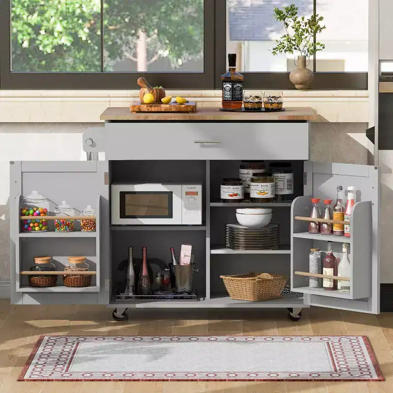 Rolling Kitchen Island with Storage, Kitchen Island on Wheels with Adjustable Shelf Tower Rack, Kitchen Cart with Wood Top and Storage Rack