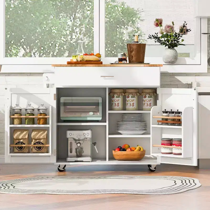 Isola da Cucina con Ruote e Ripiani, Carrello da Cucina con Ruote e Scaffale Regolabile, Carrello da Cucina con Piano in Legno e Scaffalatura