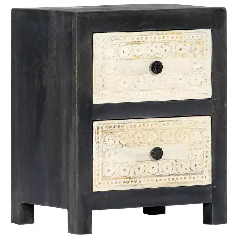 Comodino Intagliato a Mano Grigio 40x30x50 cm Legno Massello di Mango