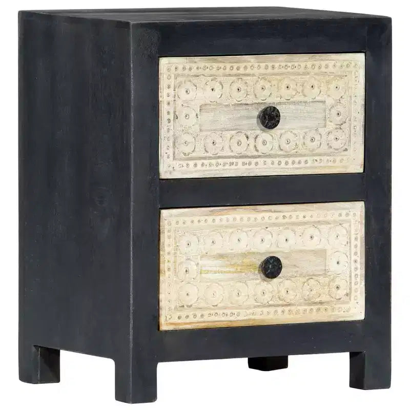 Comodino Intagliato a Mano Grigio 40x30x50 cm Legno Massello di Mango