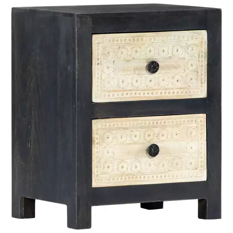 Comodino Intagliato a Mano Grigio 40x30x50 cm Legno Massello di Mango