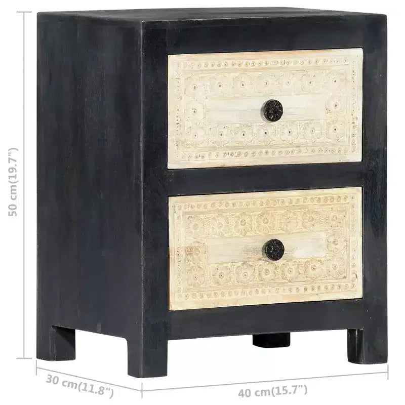 Comodino Intagliato a Mano Grigio 40x30x50 cm Legno Massello di Mango