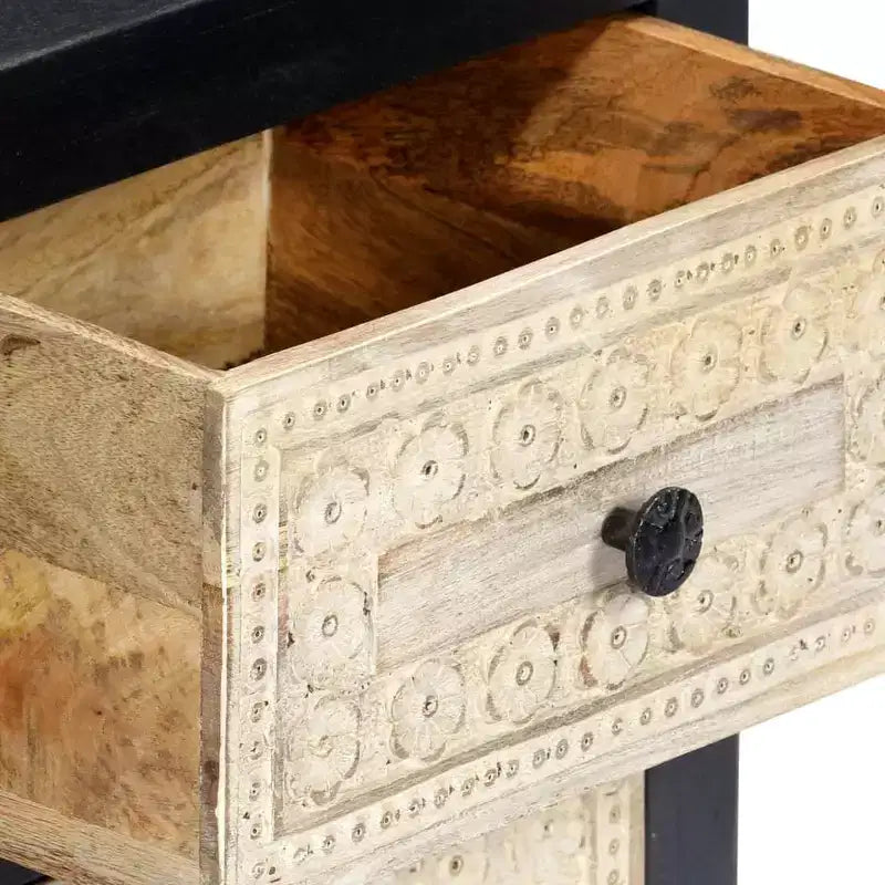 Comodino Intagliato a Mano Grigio 40x30x50 cm Legno Massello di Mango