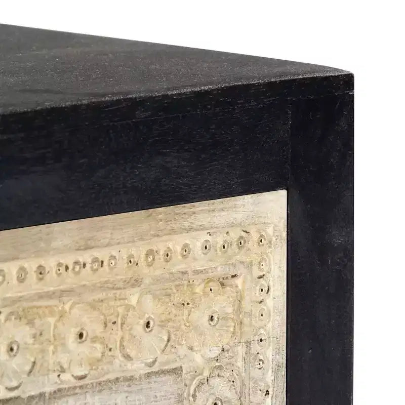 Comodino Intagliato a Mano Grigio 40x30x50 cm Legno Massello di Mango