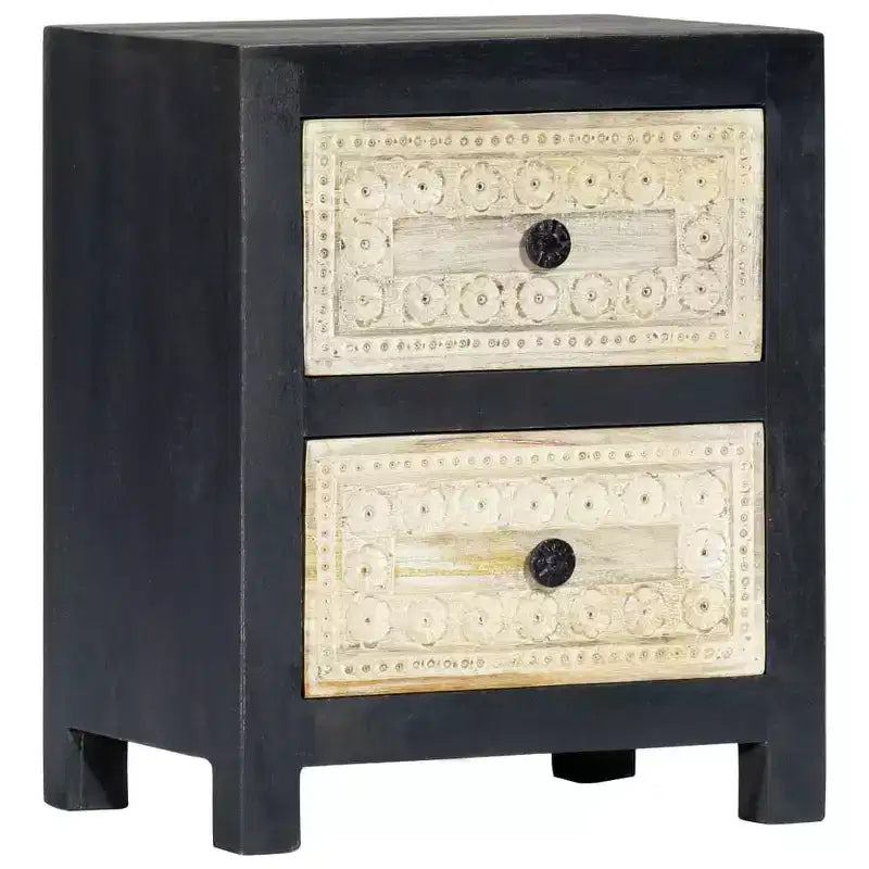 Comodino Intagliato a Mano Grigio 40x30x50 cm Legno Massello di Mango