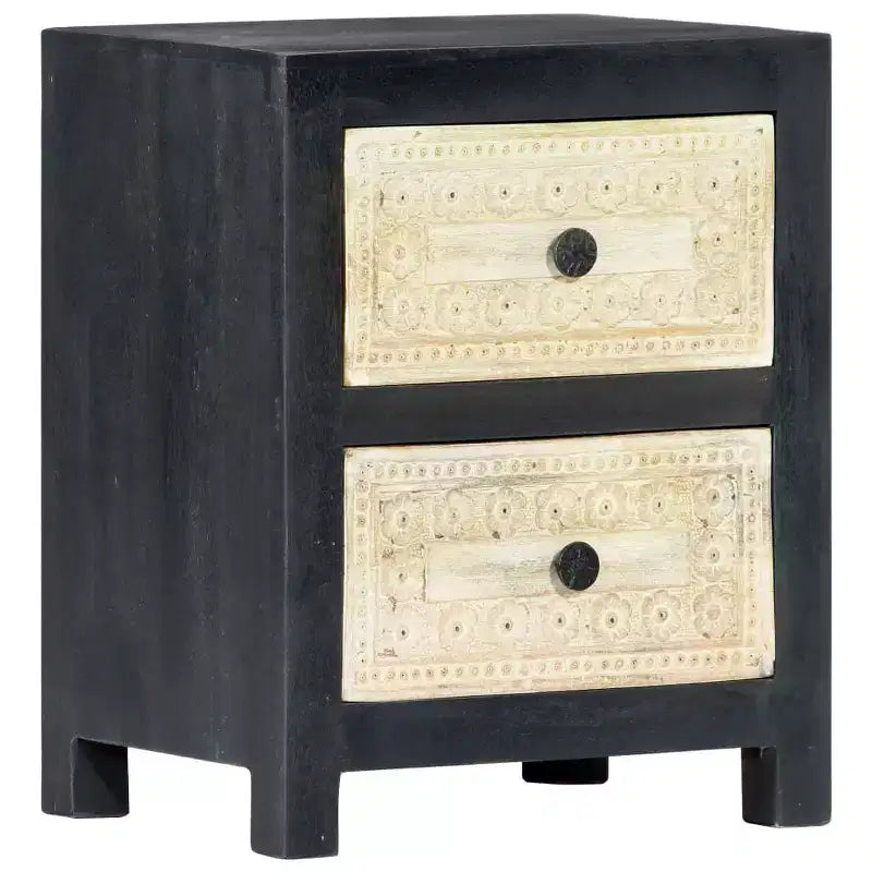 Comodino Intagliato a Mano Grigio 40x30x50 cm Legno Massello di Mango