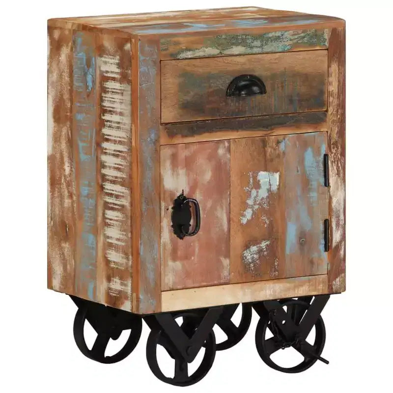 Comodino con ruote 40x30x57 cm in legno massello di recupero