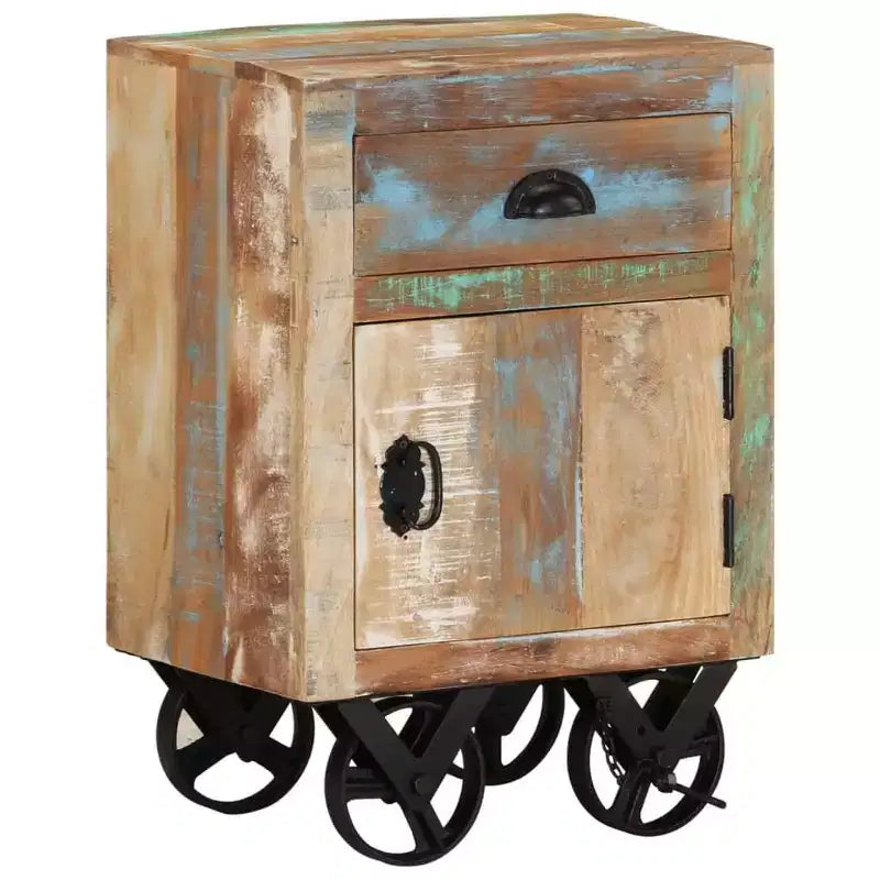 Comodino con ruote 40x30x57 cm in legno massello di recupero