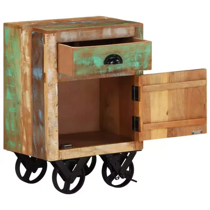 Comodino con ruote 40x30x57 cm in legno massello di recupero