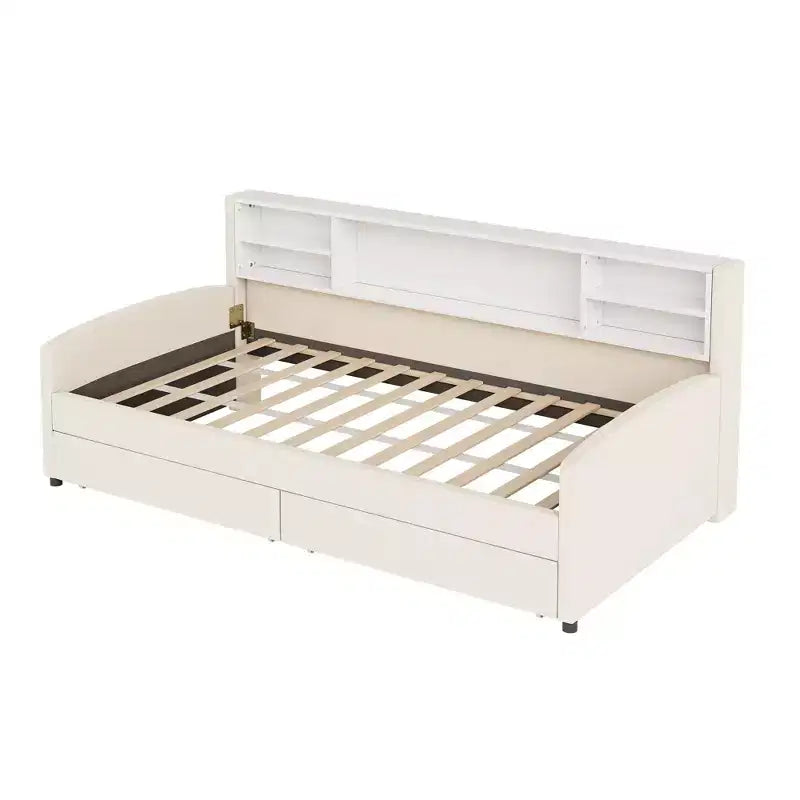 Letto a giorno matrimoniale con 2 cassetti portaoggetti, vano portaoggetti laterale, rivestimento in velluto per bambini