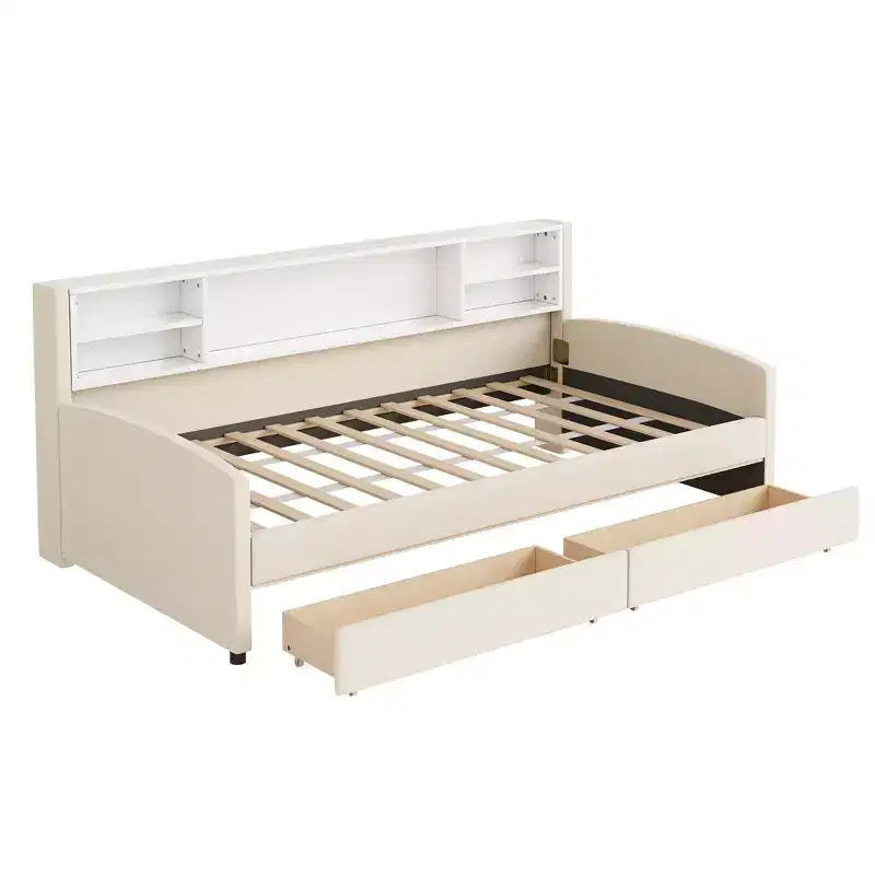 Letto a giorno matrimoniale con 2 cassetti portaoggetti, vano portaoggetti laterale, rivestimento in velluto per bambini