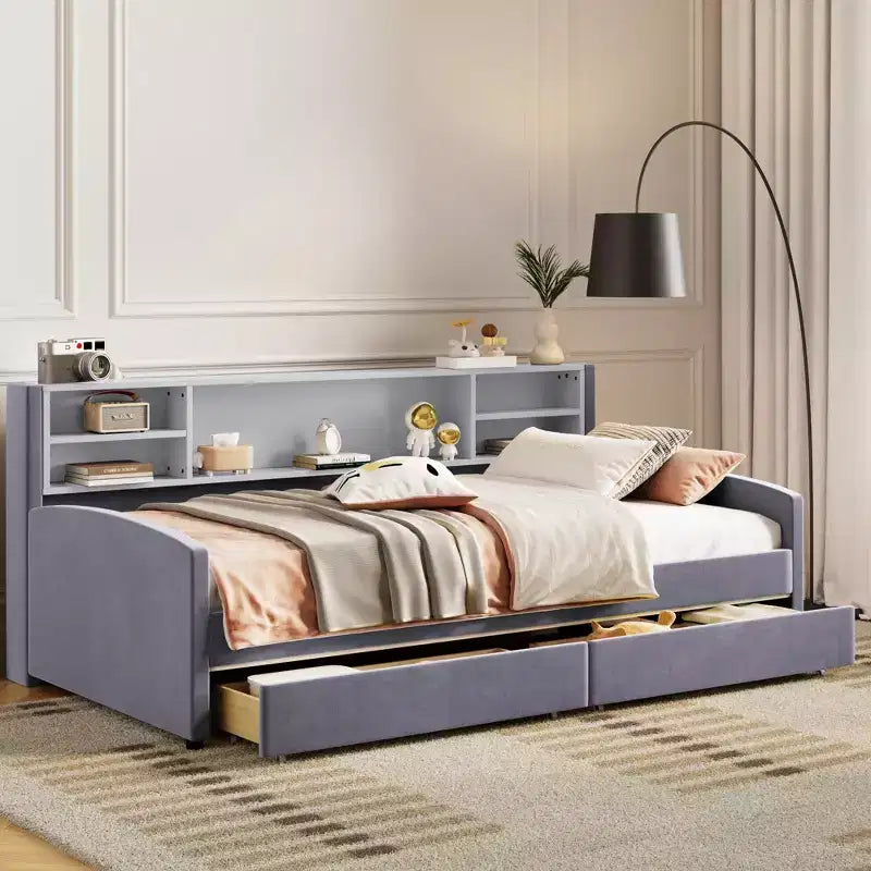 Letto a giorno matrimoniale con 2 cassetti portaoggetti, vano portaoggetti laterale, rivestimento in velluto per bambini