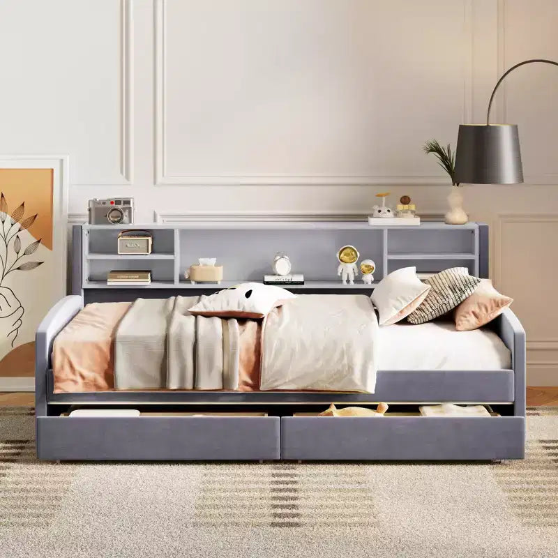 Letto a giorno matrimoniale con 2 cassetti portaoggetti, vano portaoggetti laterale, rivestimento in velluto per bambini