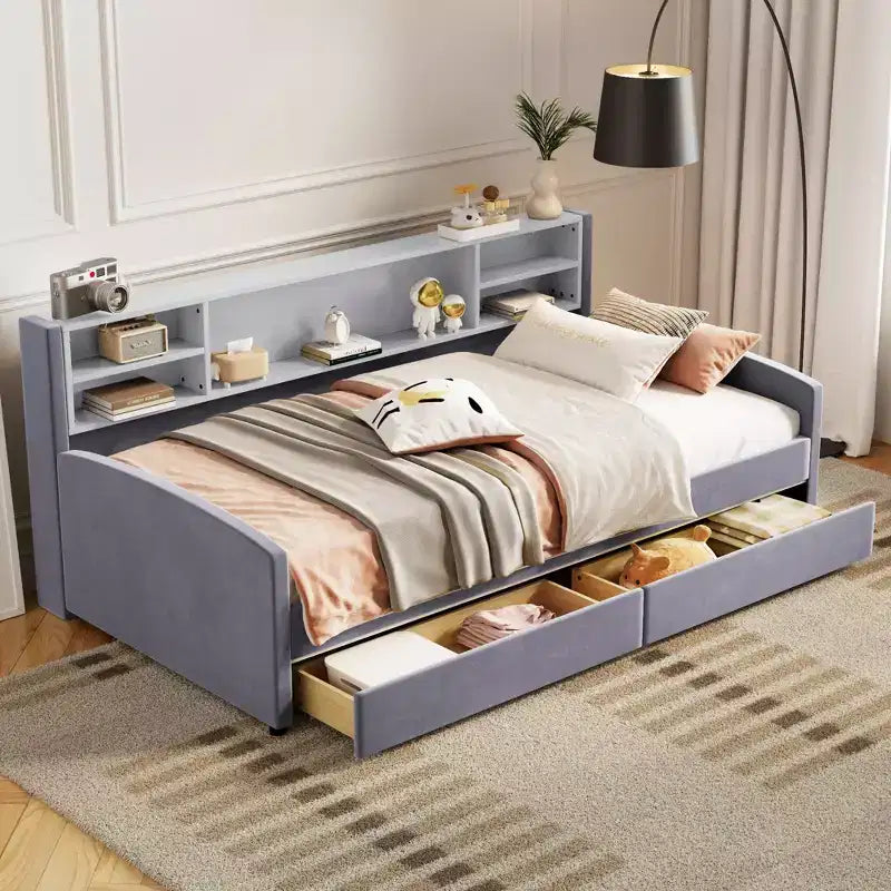 Letto a giorno matrimoniale con 2 cassetti portaoggetti, vano portaoggetti laterale, rivestimento in velluto per bambini