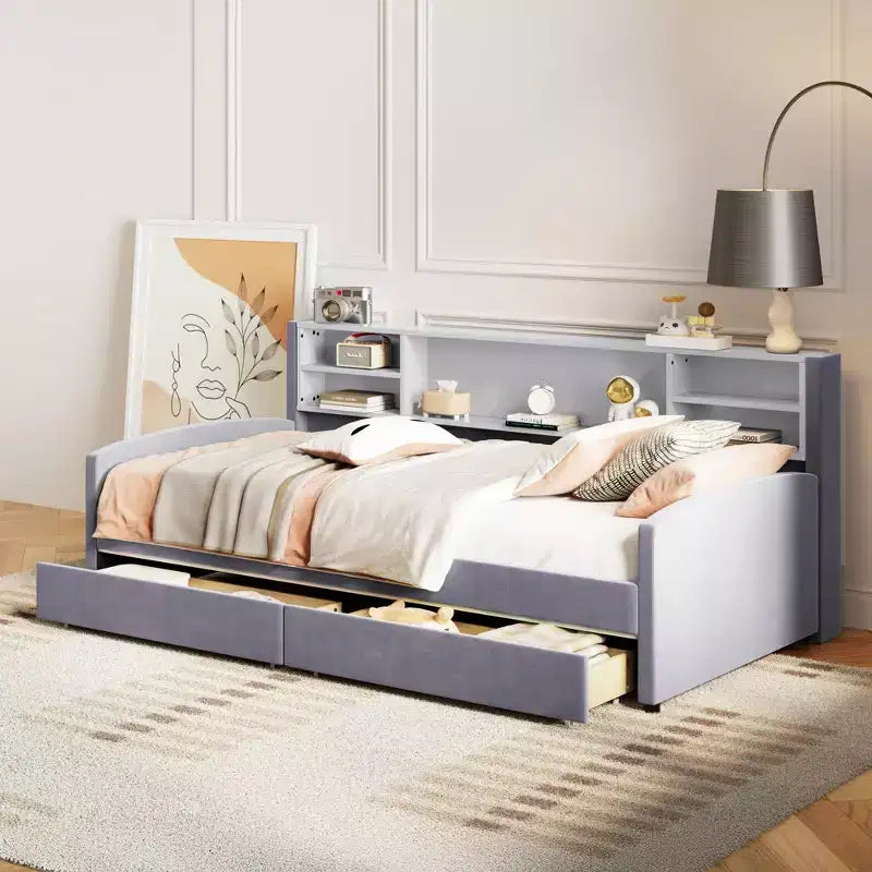 Letto a giorno matrimoniale con 2 cassetti portaoggetti, vano portaoggetti laterale, rivestimento in velluto per bambini