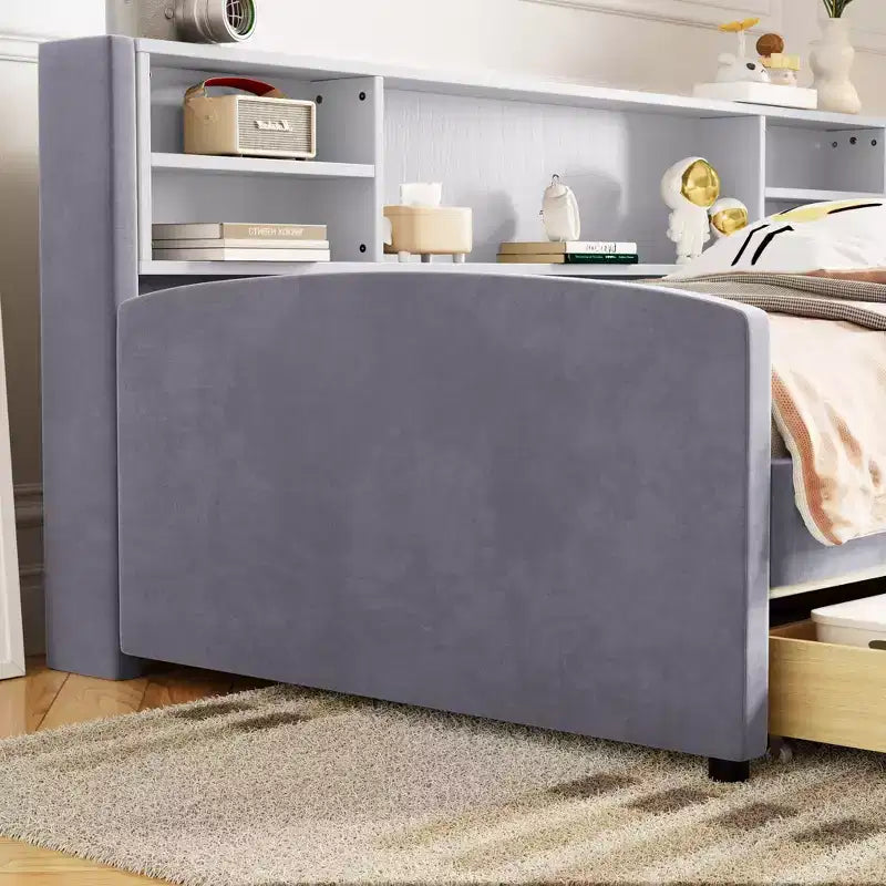 Letto a giorno matrimoniale con 2 cassetti portaoggetti, vano portaoggetti laterale, rivestimento in velluto per bambini