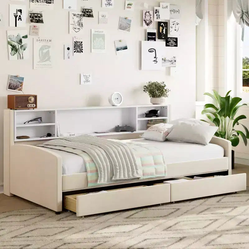 Letto a giorno matrimoniale con 2 cassetti portaoggetti, vano portaoggetti laterale, rivestimento in velluto per bambini