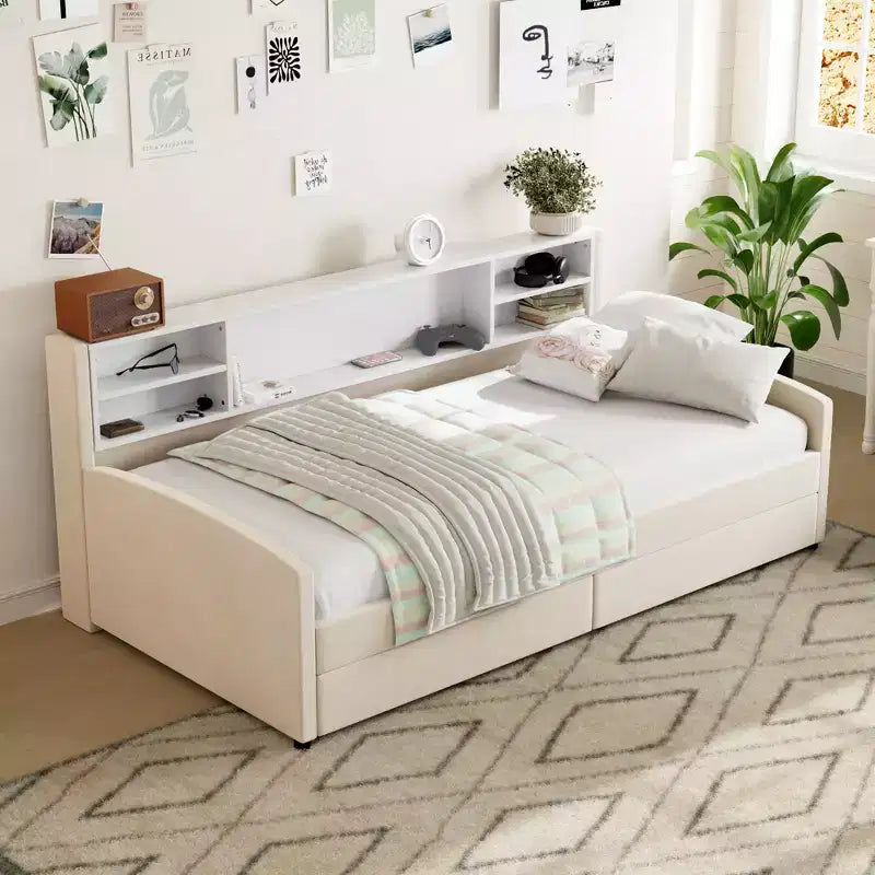 Letto a giorno matrimoniale con 2 cassetti portaoggetti, vano portaoggetti laterale, rivestimento in velluto per bambini