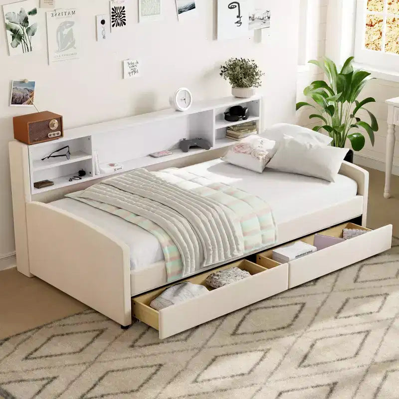 Letto a giorno matrimoniale con 2 cassetti portaoggetti, vano portaoggetti laterale, rivestimento in velluto per bambini