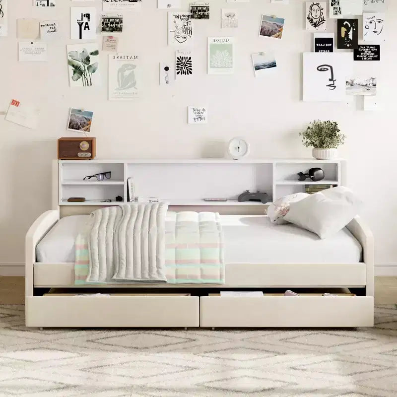 Letto a giorno matrimoniale con 2 cassetti portaoggetti, vano portaoggetti laterale, rivestimento in velluto per bambini