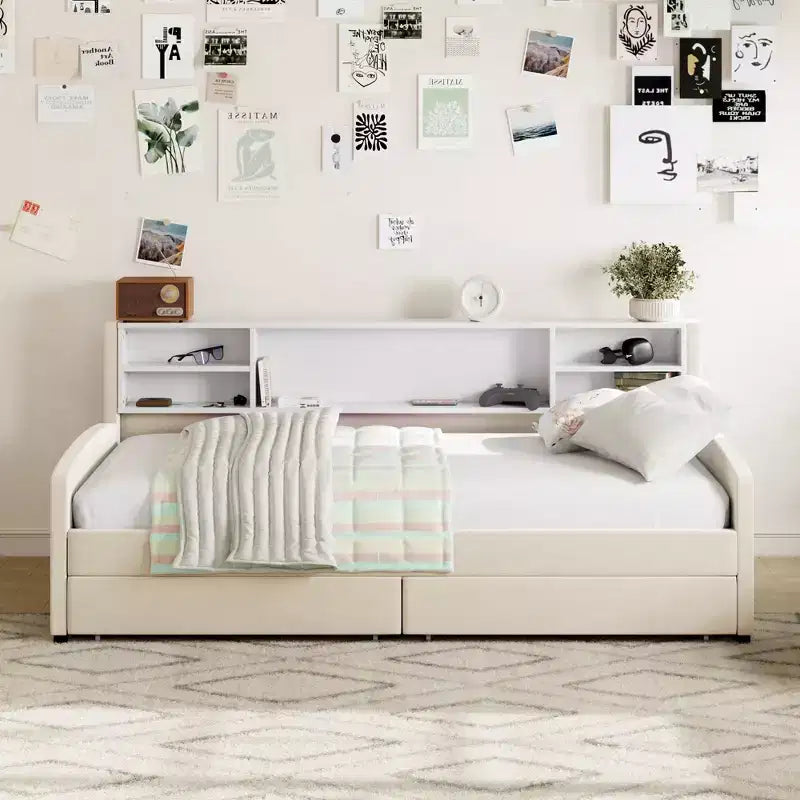 Bellemave Twin Size Daybed Frame with 2 Storage Drawers and Side Storage, Velvet Upholstery Twin Bed for Kids and toddlers