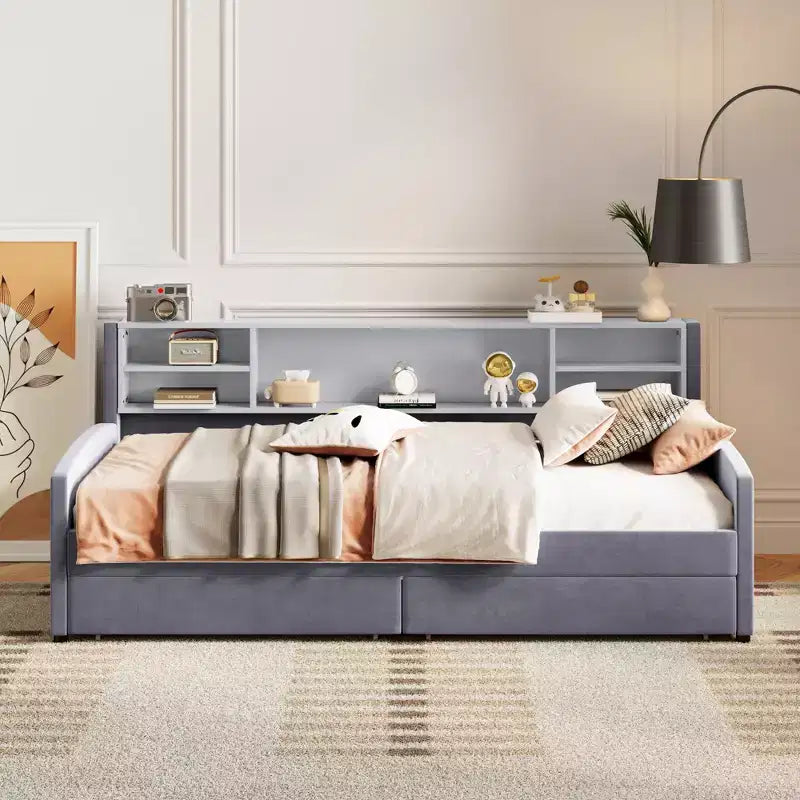 Letto a giorno matrimoniale con 2 cassetti portaoggetti, vano portaoggetti laterale, rivestimento in velluto per bambini