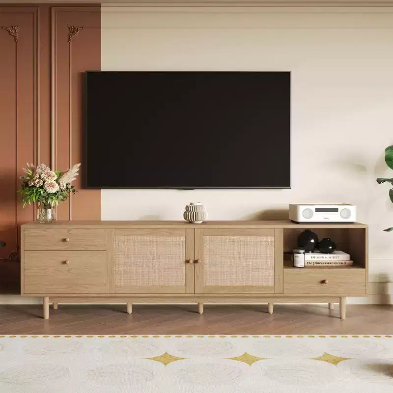 JVNOXK 77-inch Mid-Century Modern Natural Rattan TV Console, Suitable for TVs 65 inches and larger, Entertainment Center with Open Storage and Drawers